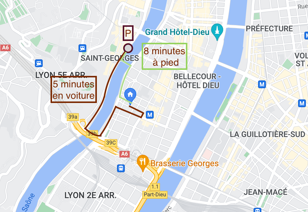 Itinéraire - Parking - Hôtel de l'Abbaye - Lyon